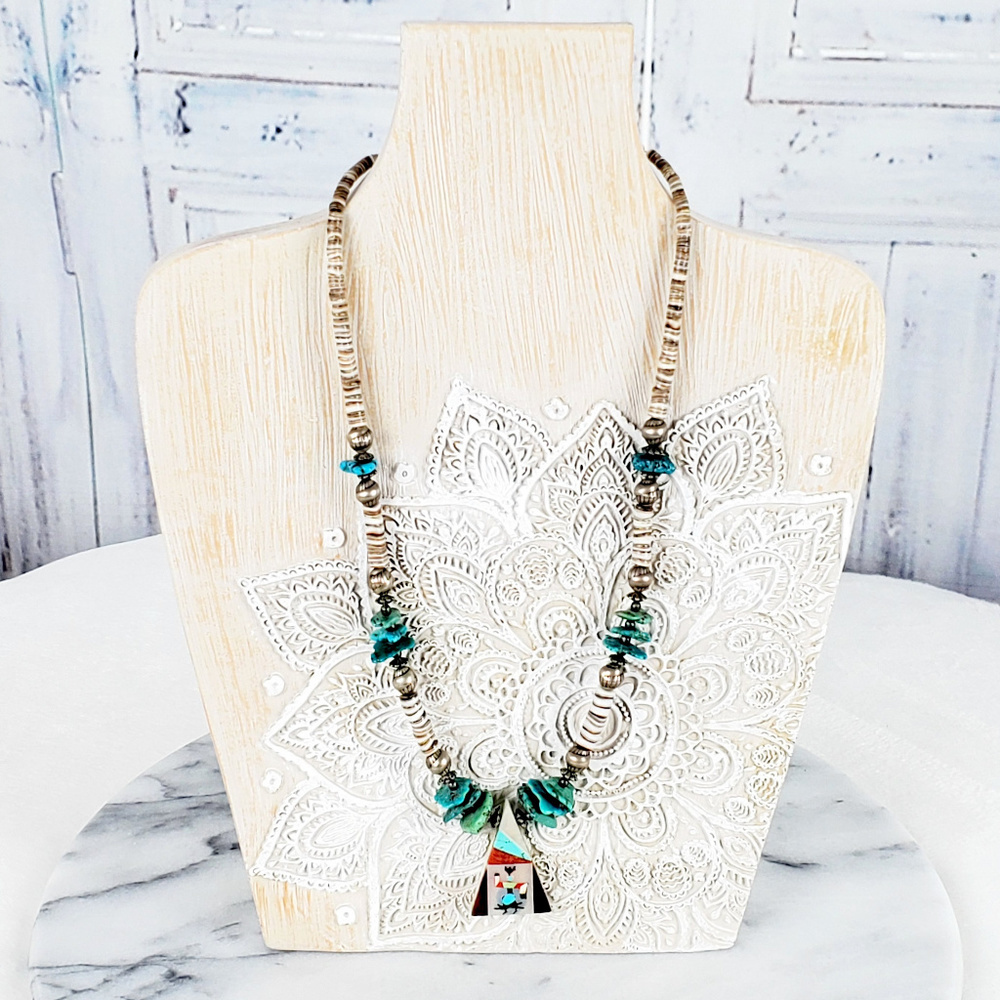 Southwestern Turquoise Heishi Bead Necklace with Kokopelli Inlay Pendant Vintage